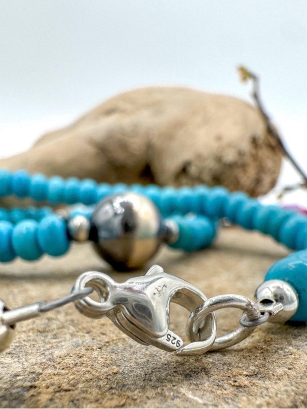 Turquoise + Navajo Pearl Beaded Necklace, Sterling Silver (T26) - Picture 2 of 4